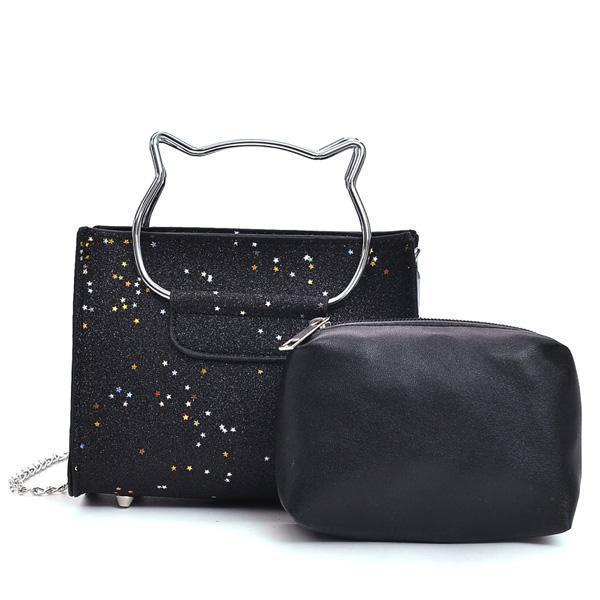 Cat Handle Glittery Shoulder Bag With Clutch (Various Colors)