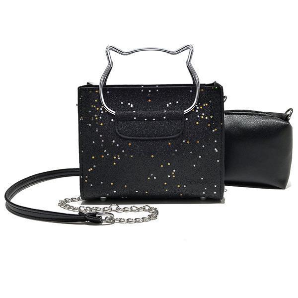 Cat Handle Glittery Shoulder Bag With Clutch (Various Colors)