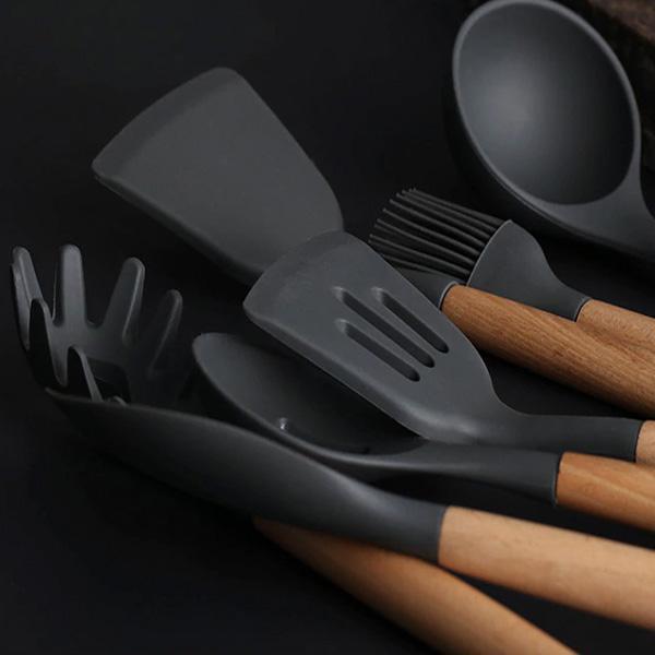 Rustic Black Kitchen Utensils with Wooden Handles (Set of 9)