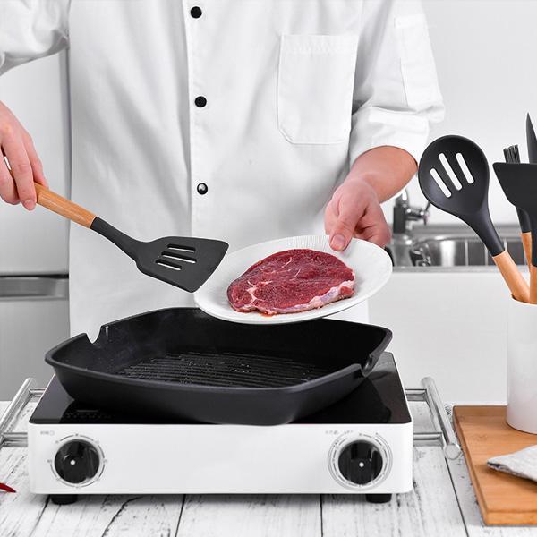 Rustic Black Kitchen Utensils with Wooden Handles (Set of 9)