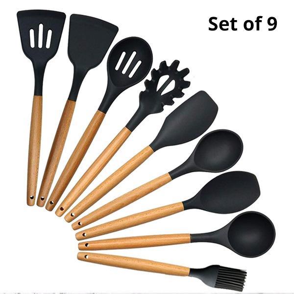 Rustic Black Kitchen Utensils with Wooden Handles (Set of 9)