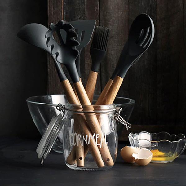 Rustic Black Kitchen Utensils with Wooden Handles (Set of 9)