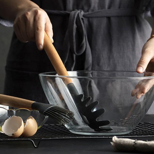 Rustic Black Kitchen Utensils with Wooden Handles (Set of 9)