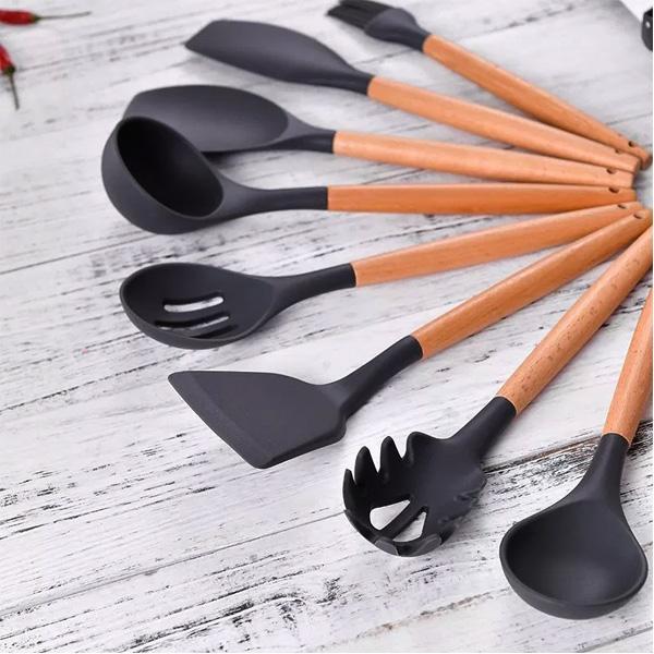 Rustic Black Kitchen Utensils with Wooden Handles (Set of 9)